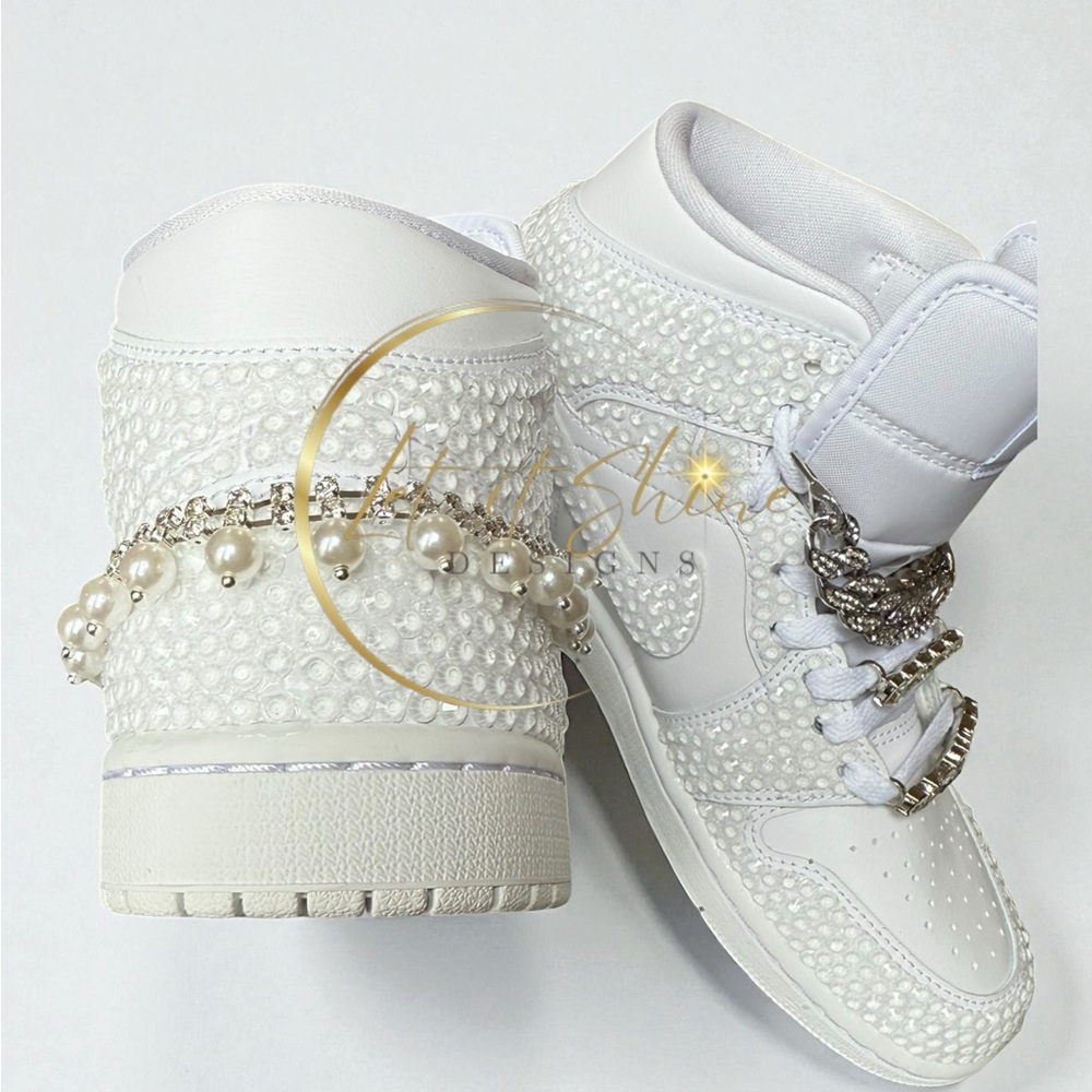 White Bling Wedding Jordan 1 Mid Custom Rhinestone Sneakers - Picture 5 of 12